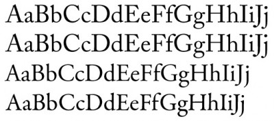 Top: Adobe Caslon Pro, 2nd Line: Adobe Caslon, 3rd Line: Adobe Garamond Pro, 4th line: Garamond Premier Pro. Of course my Caslon will look completely different than the two digital versions. But to give you an idea.