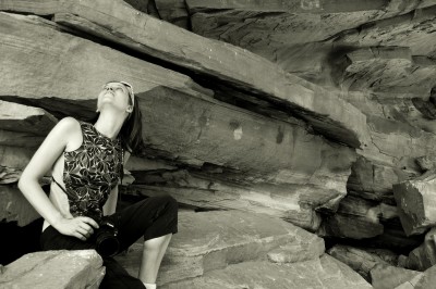 I am looking around at the varied, layered, evocative rock art in the cave-overhang.